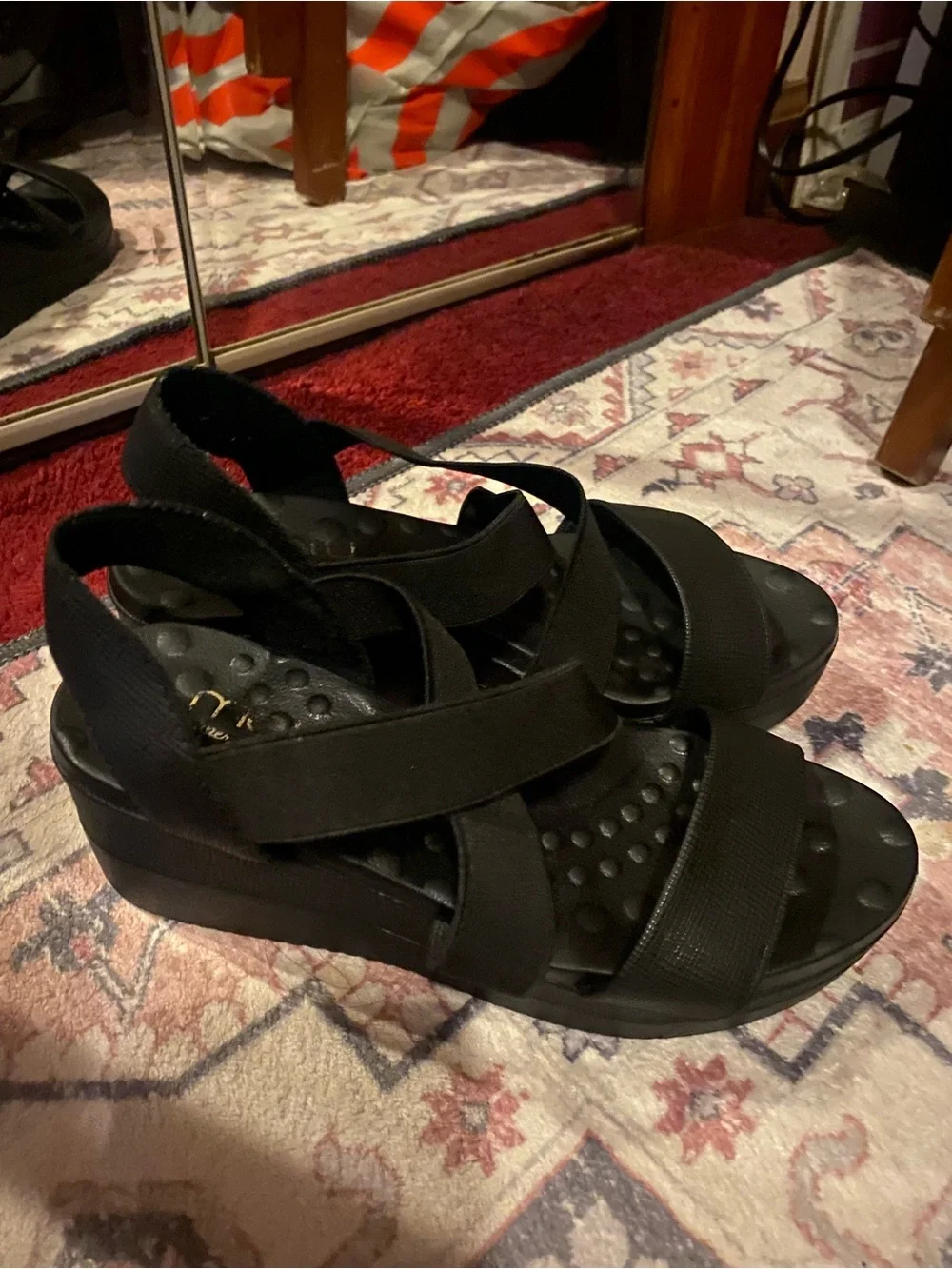 Comfort Wedge Sandals with Elastic Cross Straps - Black